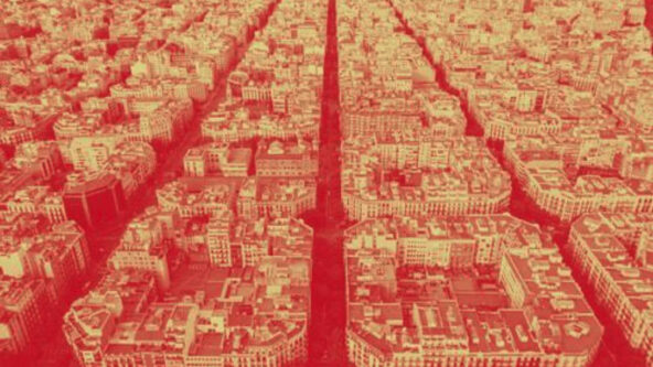 Digital art depicting an aerial shot of a grid-like city