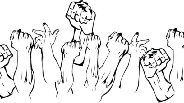 A graphic depiction in black and white. Shown from the elbow up, several fists and hands with fingers outstretched, are raised together.