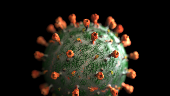 A square black image depicting the covid virus with the text 'Has the virus won?'